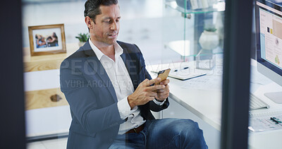 Buy stock photo Reading, phone and smile with business man in office for planning, client negotiation and portfolio update. Communication, account manager and contact with person in agency for notification and news