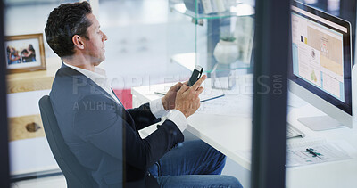 Buy stock photo Reading, phone and research with business man in office for planning, client negotiation and portfolio update. Communication, account manager and contact with person in agency for notification