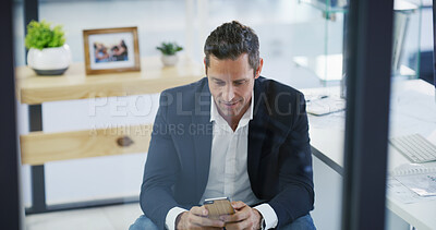 Buy stock photo Scroll, phone and research with business man in office for planning, client negotiation and portfolio update. Communication, account manager and contact with person in agency for notification