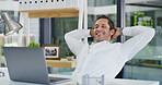 Stretching, relax and laptop with business man in office for happy, account approval and finish project. Reading, smile and portfolio research with person in agency for satisfaction and calm