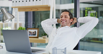 Buy stock photo Stretching, relax and laptop with business man in office for happy, account approval and finish project. Reading, smile and portfolio research with person in agency for satisfaction and calm