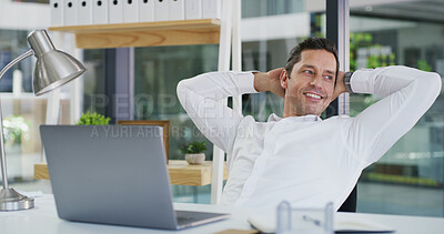 Buy stock photo Stretching, thinking and laptop with business man in office for reflection, account approval and finish project. Vision, relax and portfolio research with person in agency for satisfaction and calm