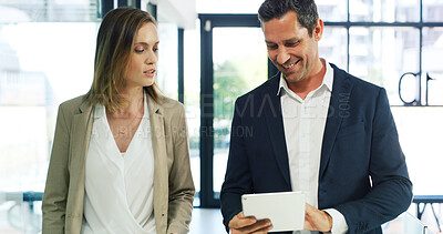 Buy stock photo Businessman, woman and happy with tablet, planning and feedback with risk assessment app at company. People, team and tech with smile, discussion and review for collaboration at insurance agency