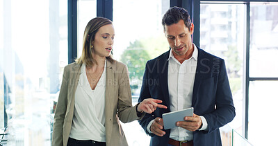 Buy stock photo Business, teamwork and people with tablet, conversation and financial agency with company revenue. Employees, accounting and consultant in office, fintech and economy expert with email and connection