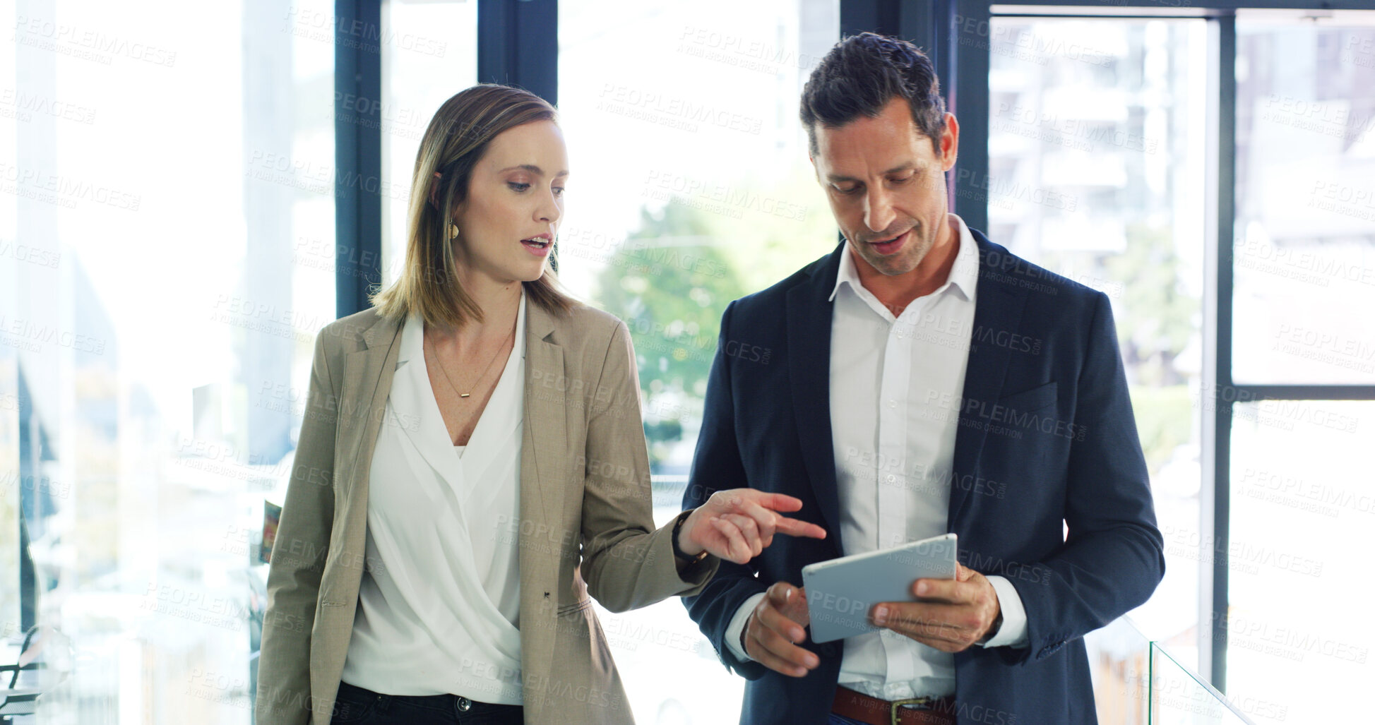 Buy stock photo Business, teamwork and people with tablet, conversation and financial agency with company revenue. Employees, accounting and consultant in office, fintech and economy expert with email and connection