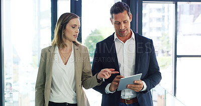 Buy stock photo Businessman, woman and talk with tablet, review and discussion with risk management app at company. People, team and tech with perspective, feedback and point with collaboration at insurance agency