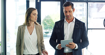 Buy stock photo Businessman, woman and talk with tablet, review and discussion with risk assessment app at office. People, team and tech with perspective, feedback and listen with collaboration at insurance agency