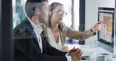 Buy stock photo Team, computer screen and business people in office for planning, budget chart or brainstorming. Meeting, discussion and pointing at monitor with advisor for stats, financial review or proposal