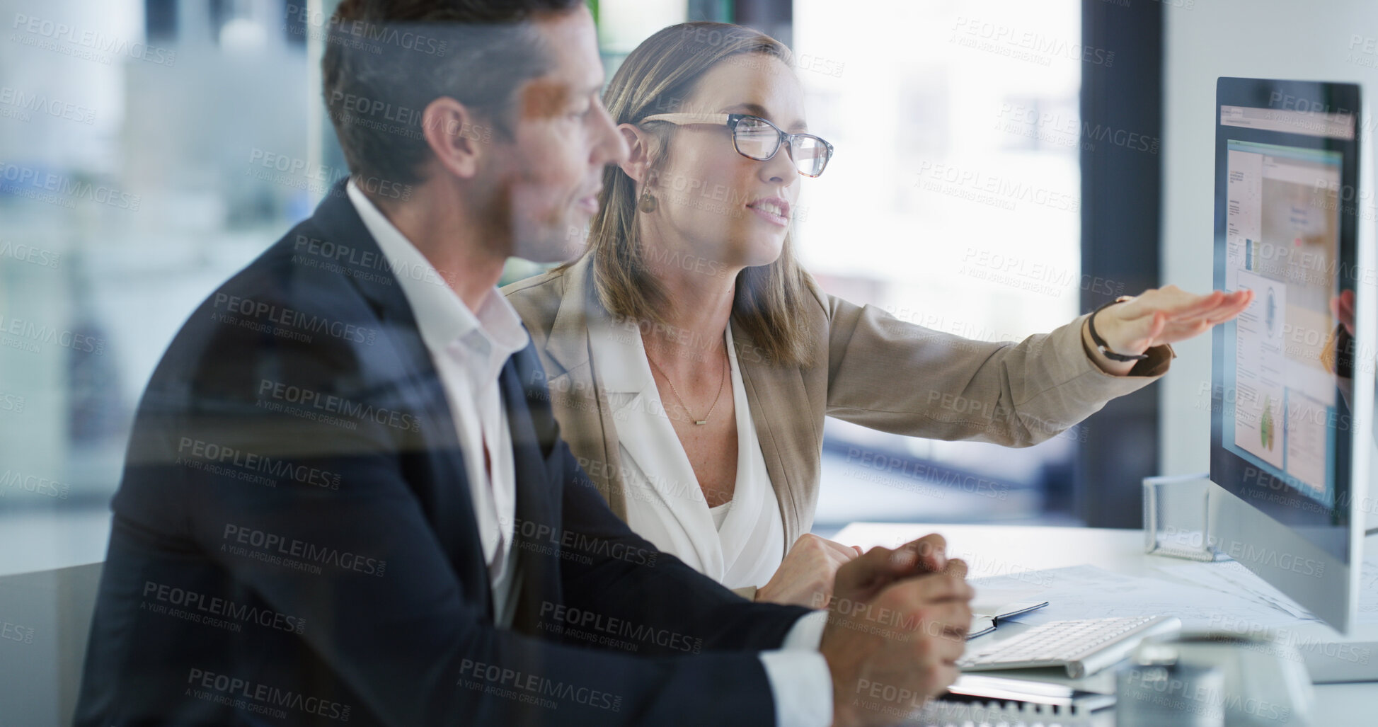 Buy stock photo Team, computer and business people in office for proposal, budget chart or brainstorming solution. Meeting, planning or pointing at screen with advisor for stats, financial review or discussion