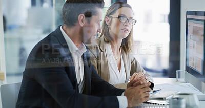 Buy stock photo Team, computer and business people in office with data, budget chart or brainstorming solution. Meeting, planning and discussion with advisor on screen for stats, financial review or collaboration