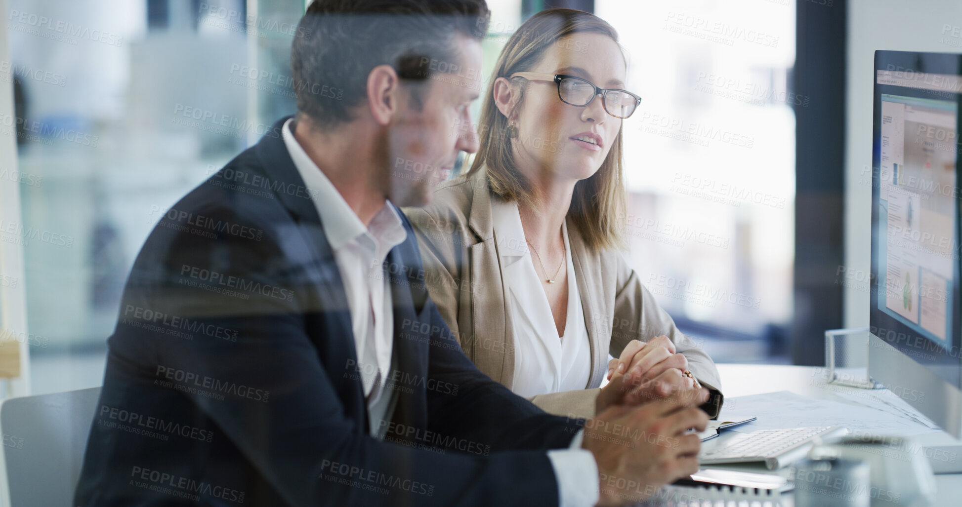 Buy stock photo Team, computer and business people in office with data, budget chart or brainstorming solution. Meeting, planning and discussion with advisor on screen for stats, financial review or collaboration