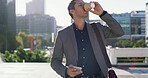 Business, drinking coffee and outdoor with man, smartphone and morning commute. Mature person, urban town and employee in city, cellphone and espresso for energy, caffeine and travel in New York