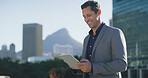 Smile, businessman and city with tablet for research, social media or networking. Man, entrepreneur or real estate agent with reading, tech and scrolling or online search in urban town for contact