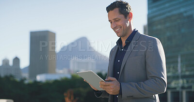 Buy stock photo Smile, businessman and city with tablet for research, social media or networking. Man, entrepreneur or real estate agent with reading, tech and scrolling or online search in urban town for contact