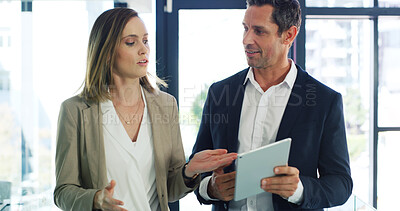 Buy stock photo Business, cooperation and people with tablet, conversation and financial agency with email. Employees, accounting or consultant in office, fintech or economy expert with risk management or connection