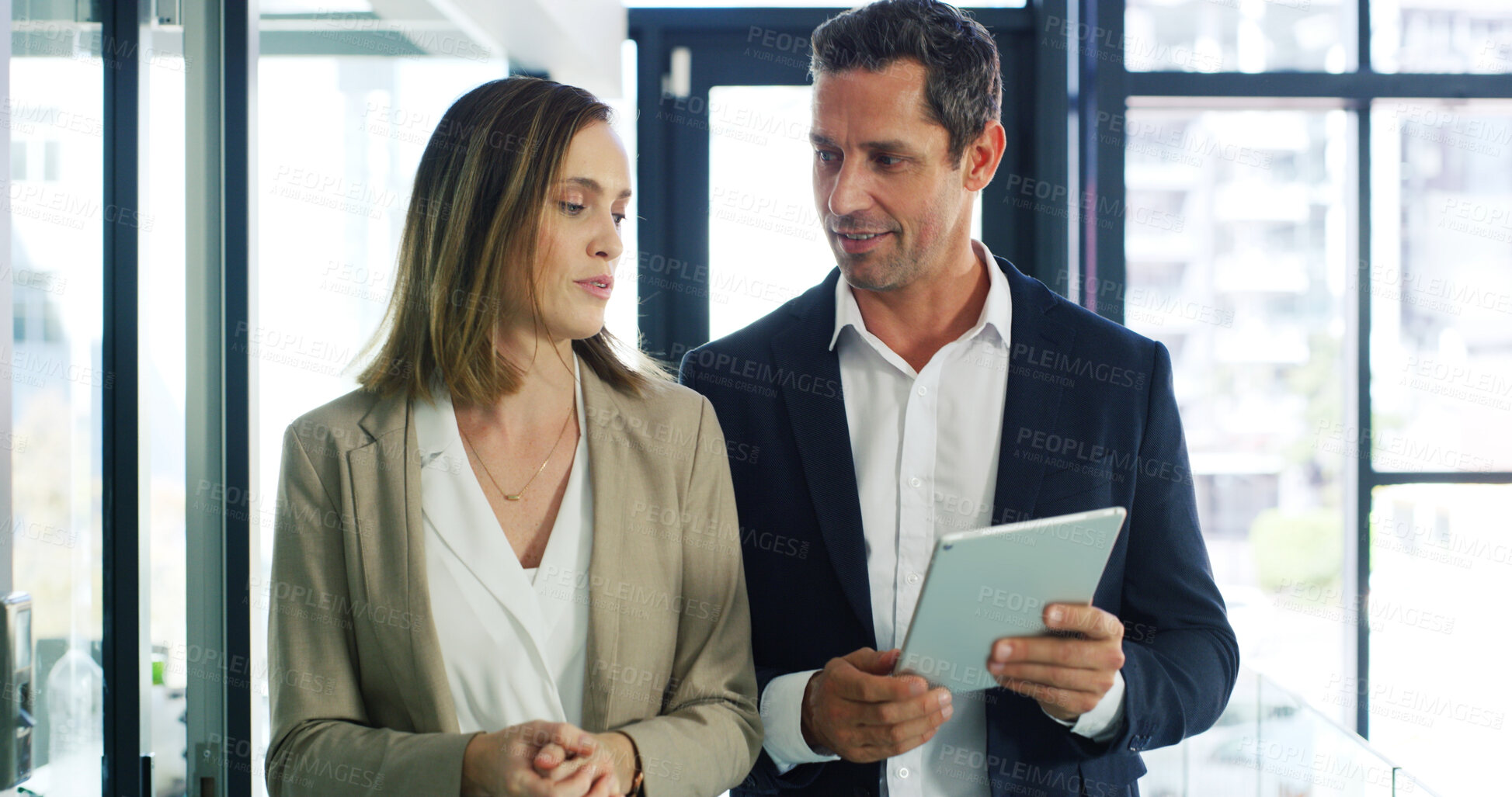 Buy stock photo Business, feedback and people with tablet, conversation and financial agency with accounting. Employees, connection and consultant in office, fintech and economy expert with email, app and teamwork