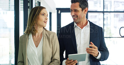 Buy stock photo Business, teamwork and people with tablet, talking and financial agency with budget report. Employees, accounting and consultant in office, fintech or economy expert with connection or company profit