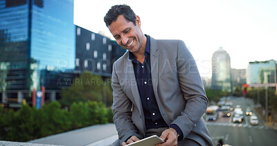 Buy stock photo Laugh, businessman and city with tablet for research, social media or networking. Mature man, entrepreneur or real estate agent with smile, tech and scroll or online search in urban town for contact
