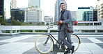 Bike, idea and phone with businessman in city for eco friendly commute to work location. App, communication and smile of employee planning route or trip with bicycle for zero emission transportation