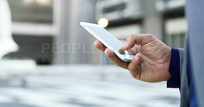 Buy stock photo Phone, hands and business man in city for planning, client negotiation and portfolio update. Communication, account manager and contact with person in agency for notification, reading and research