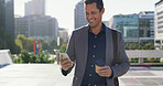 Businessman, happy or coffee with phone in city for good news, morning commute or reading email. Professional, mature person and walking with smartphone outdoor for work journey, text message or chat