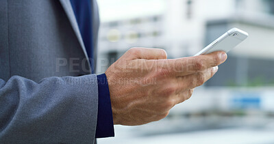 Buy stock photo Phone, hands and businessman in city with communication, networking or email for finance report. Technology, professional and financial manager with cellphone for texting on mobile app in urban town.