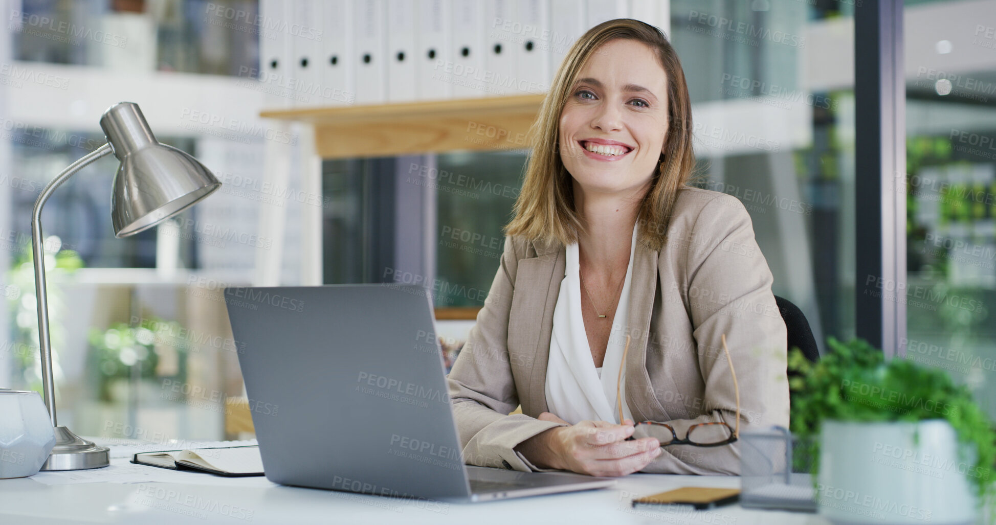 Buy stock photo Business, laptop and portrait with accountant woman at desk in office for financial audit or review. Computer, finance and smile with happy employee person in workplace for budget or revenue analysis