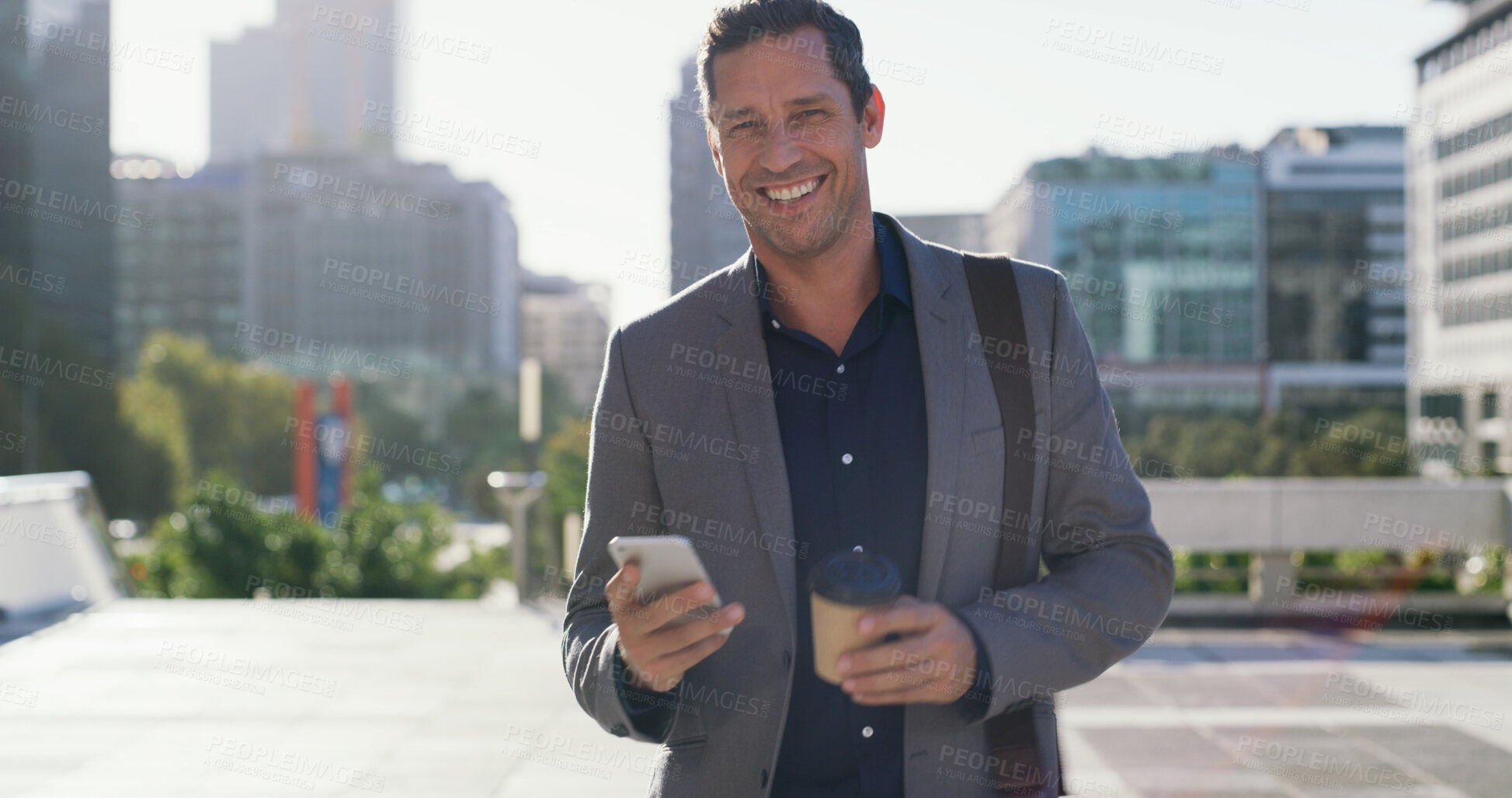 Buy stock photo Business, man or coffee with phone in city for notification, morning commute or reading online news. Portrait, mature person or walking with smartphone outdoor for work journey, text message or email