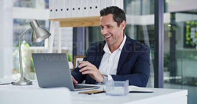 Buy stock photo Business, laptop and smile with accountant man at desk in office for financial audit or review. Computer, bookkeeping and finance with happy employee person in workplace for revenue analysis