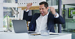 Fist pump, laptop and businessman in office for winning, good news or job promotion on email. Happy, technology and male finance manager with celebration for investment deal on computer in workplace.