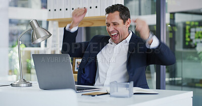 Buy stock photo Fist pump, laptop and businessman in office for winning, good news or job promotion on email. Happy, technology and male finance manager with celebration for investment deal on computer in workplace.