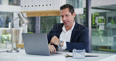 Buy stock photo Business, laptop and reading with accountant man at desk in office for financial audit or review. Computer, finance and planning with employee person in workplace for budget or revenue analysis