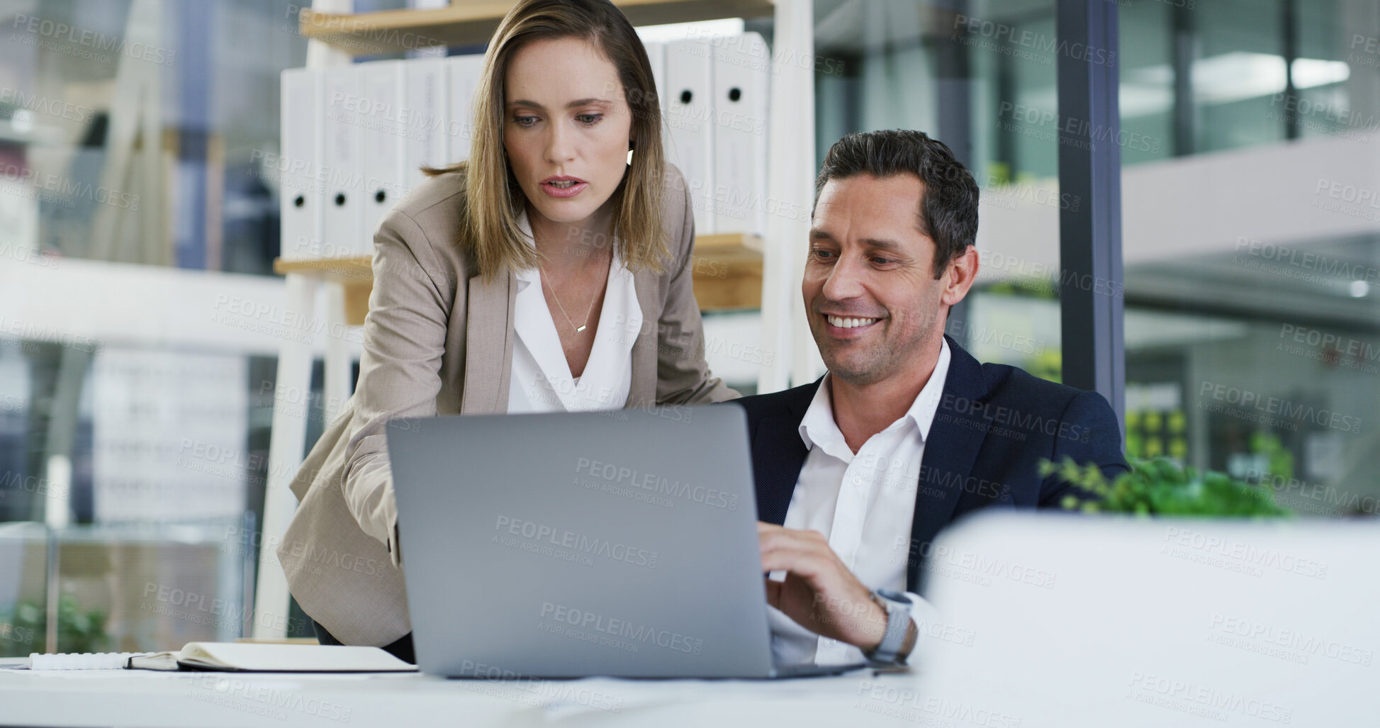 Buy stock photo Accounting, collaboration and laptop with business people in office for feedback or review. Computer, conversation and financial management with employee team in workplace for investment or savings