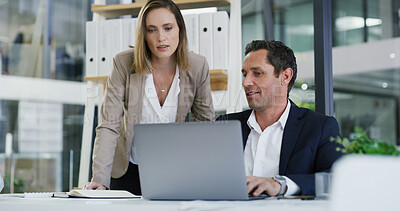 Buy stock photo Team, laptop and business people in office for help, budget discussion or brainstorming solution. Meeting, planning and advisor with computer for financial review, training or proposal for audit