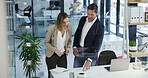 Business, paperwork and people in office, conversation and planning with investment experts. Employees, financial agency or documents for budget report, accounting or discussion with feedback or deal