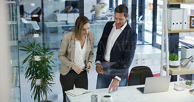 Buy stock photo Business, paperwork and people in office, conversation and planning with investment experts. Employees, financial agency or documents for budget report, accounting or discussion with feedback or deal
