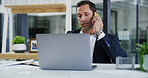 Business, phone call and man in workplace, laptop and communication with contact. Person, broker and employee in office, pc and cellphone with economy expert, investment schedule and email for report