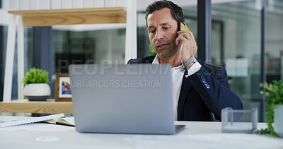 Buy stock photo Business, phone call and man in workplace, laptop and communication with contact. Person, broker and employee in office, pc and cellphone with economy expert, investment schedule and email for report