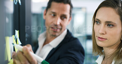 Buy stock photo Business, woman and glass with sticky notes in office for planning, schedule and financial ideas. People, writing and mindmap for agenda update, team reminder and finance information on company goals