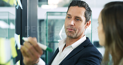 Buy stock photo Business, man and writing on sticky notes in office for planning, schedule and financial ideas. People, feedback and mindmap with agenda update, team reminder and finance information on company goals