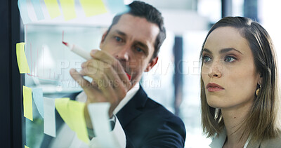 Buy stock photo Business, people and writing graph on glass for planning, profit growth and financial report. Staff, meeting and drawing charts on revenue increase, finance stats and information for investment goals