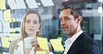Business, people and reading sticky notes in office for planning, schedule and financial ideas. Staff, meeting and mindmap with agenda update, team reminder and finance information for company goals