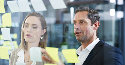 Buy stock photo Business, people and glass with sticky notes in office for planning, schedule and financial ideas. Staff, meeting and mindmap for agenda update, team reminder and finance information on company goals