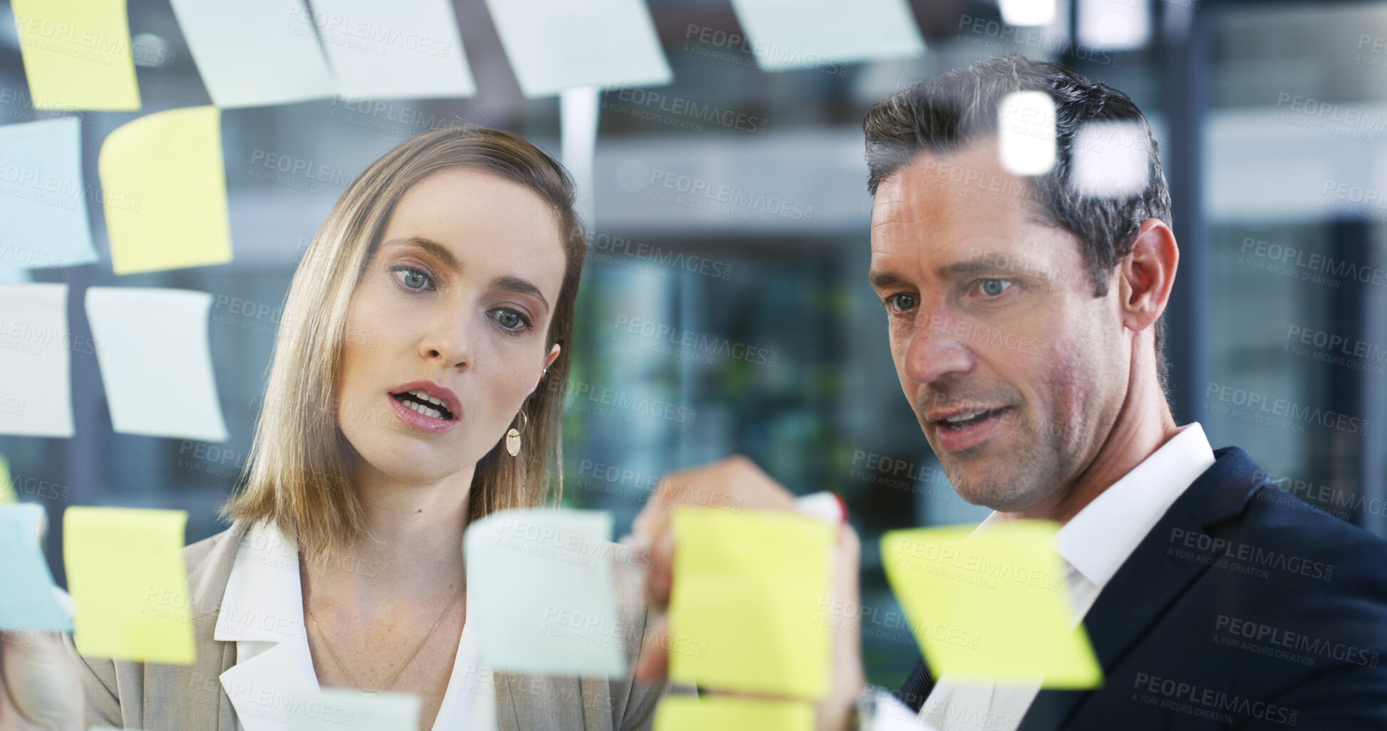 Buy stock photo People, writing and sticky notes on glass in office for planning, schedule and financial ideas. Staff, meeting and mindmap with agenda update, team reminder and finance information for company goals