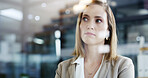 Office, thinking and business woman with insight, planning vision for investment. Reflection, solution and worker with idea, financial decision or problem solving with serious mindset with bokeh