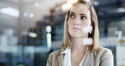Buy stock photo Office, thinking and business woman with insight, planning vision for investment. Reflection, solution and worker with idea, financial decision or problem solving with serious mindset with bokeh