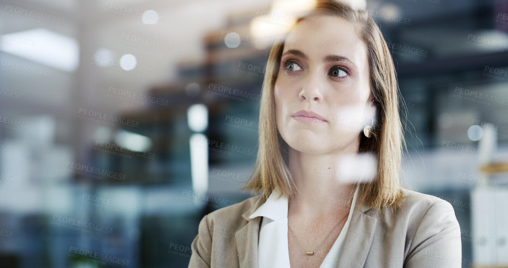 Buy stock photo Office, thinking and business woman with insight, planning vision for investment. Reflection, solution and worker with idea, financial decision or problem solving with serious mindset with bokeh