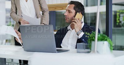 Buy stock photo Phone call, documents and businessman with laptop in office for finance report with negotiation. Technology, paperwork and male financial manager with mobile discussion for investment proposal.