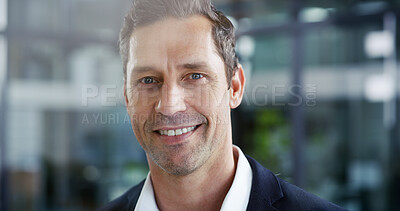Buy stock photo Portrait, smile and mature business man in office as compliance officer with career ambition. Confidence, professional manager and about us in workplace with policy development coordinator in USA