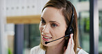 Contact us, headset and woman in call center for inquiry, feedback or client support. Virtual assistant, communication or friendly sales agent in workplace for customer service or talking to help